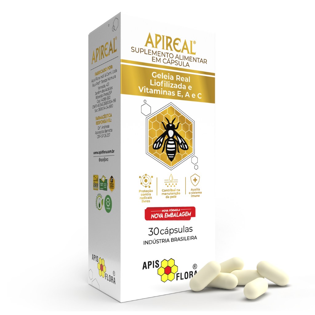 Apireal Geleia Real Natural 300mg 30 cápsulas Apisflora