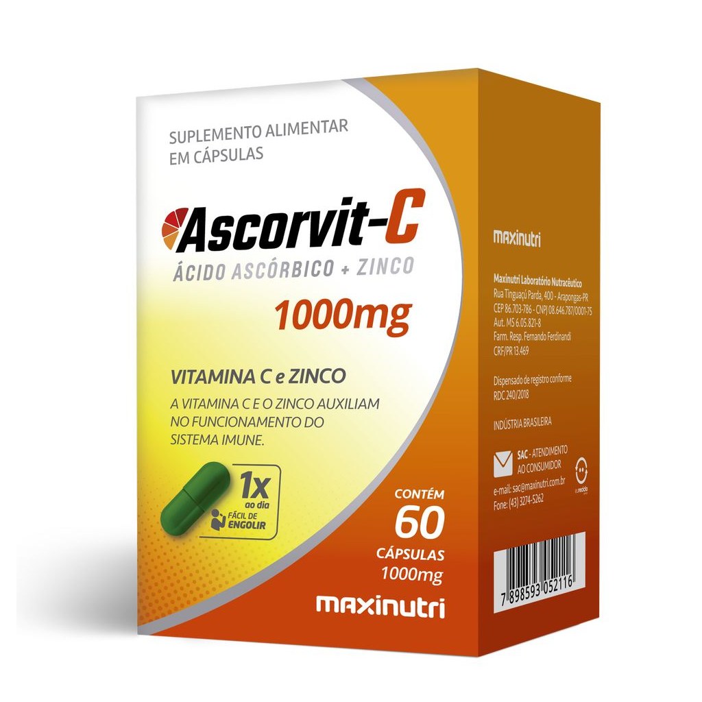 AscorVit-C 1g (Vitamina C com Zinco) 1000mg 60 cápsulas Maxinutri