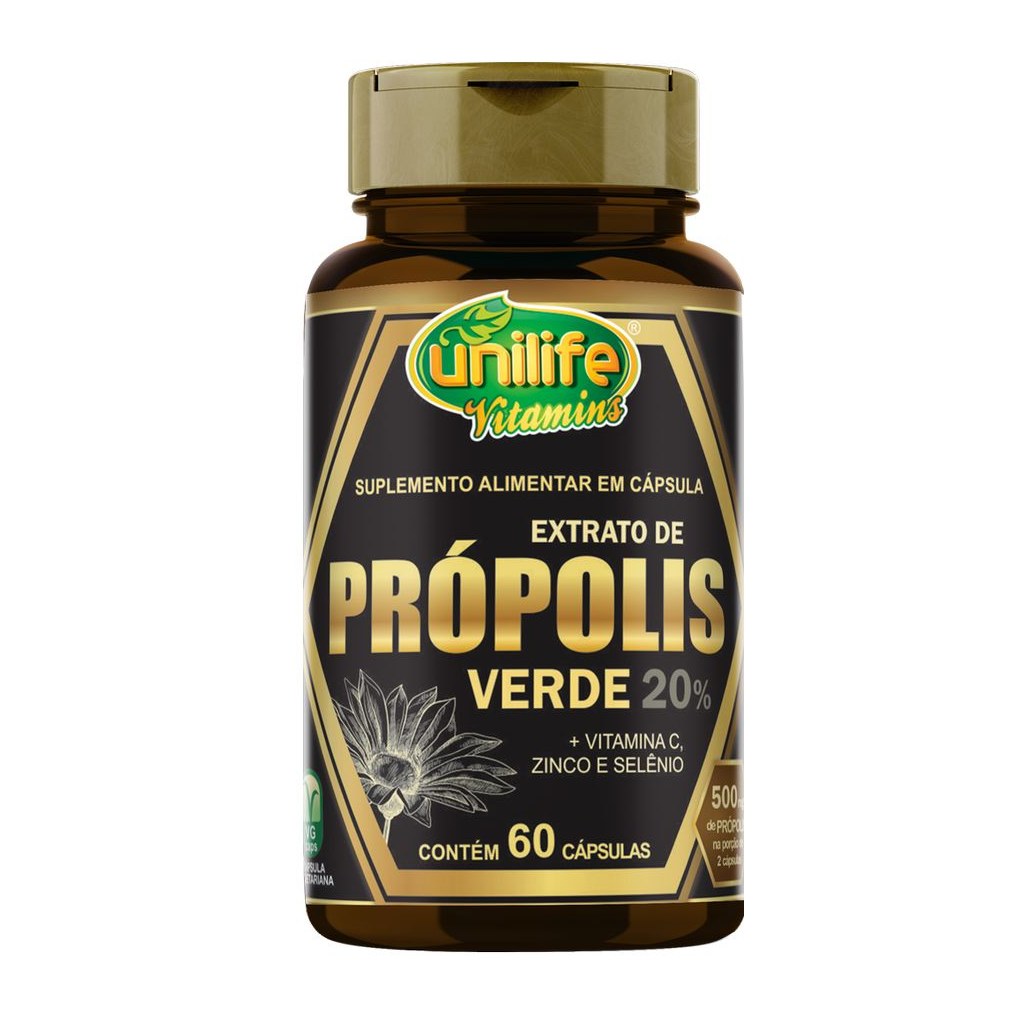 Extrato de Propolis Verde + Vitamina C, Zinco e Selenio 500mg 60 cápsulas Unilife