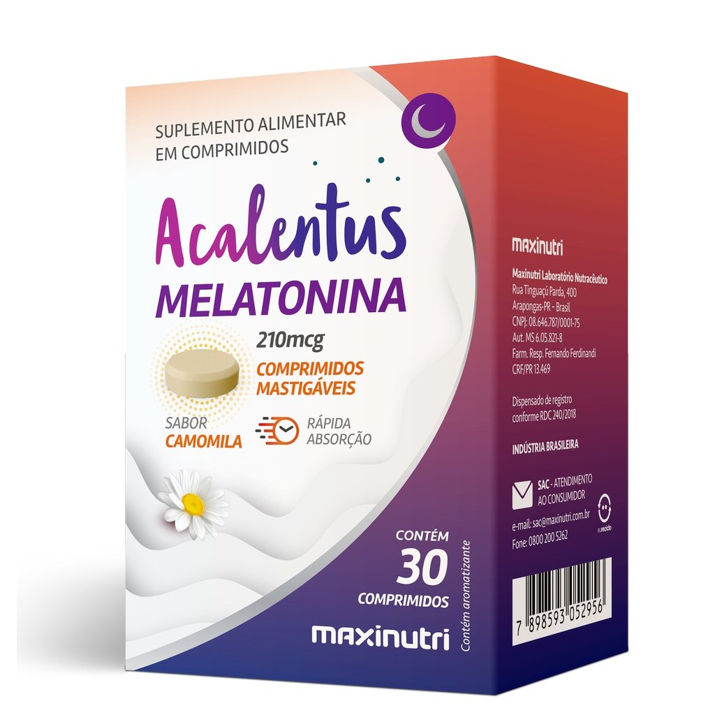 Melatonina - Acalentus sabor Camomila 650mg 30 comprimidos mastigaveis Maxinutri