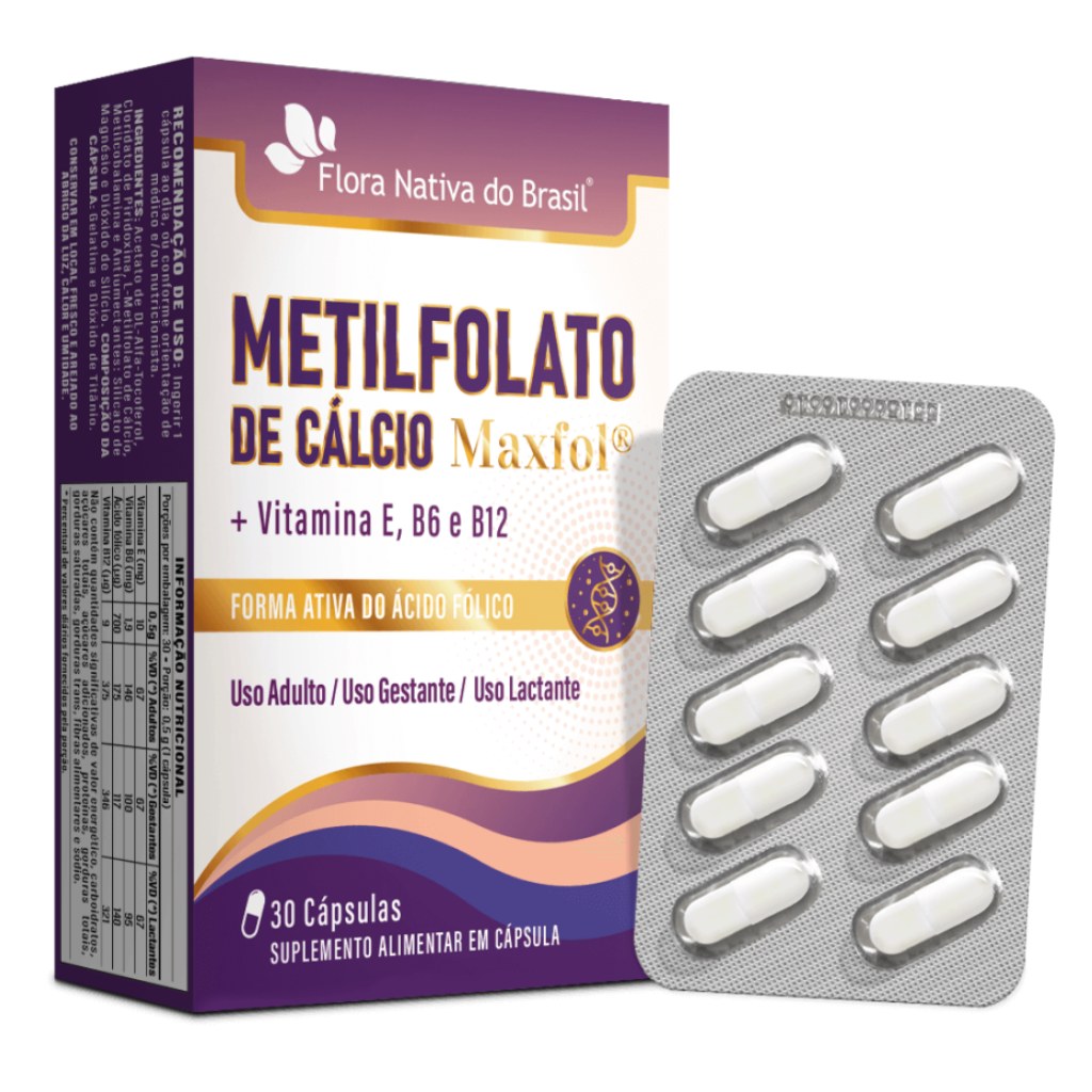 Metilfolato de Calcio - Maxfol (com vitaminas E, B6 e B12) 500mg 30 cápsulas Flora Nativa