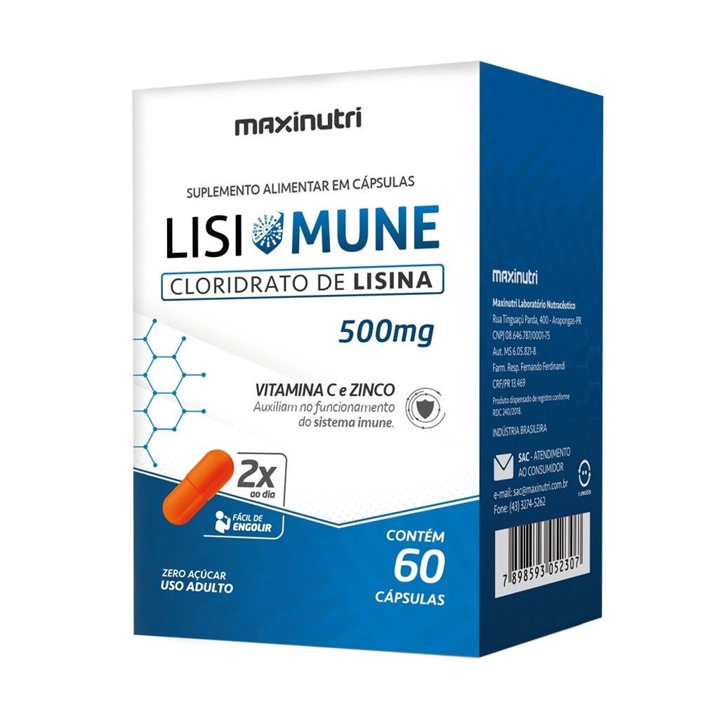 Lisimune - Cloridrato de Lisina - 500mg 60 cápsulas Maxinutri
