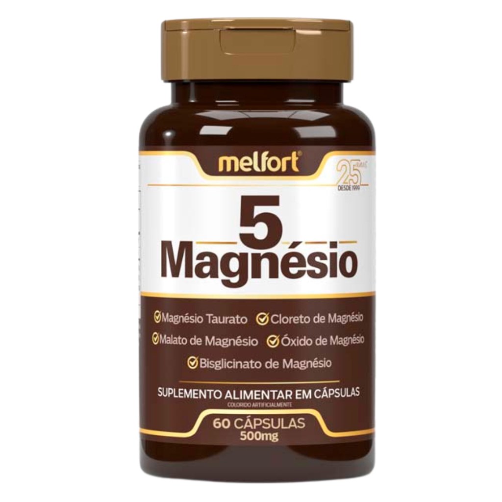 5Mg - 5 Magnesios Taurato, Cloreto, Óxido, Malato e Bisglicitano 500mg 60 cápsulas Melfort