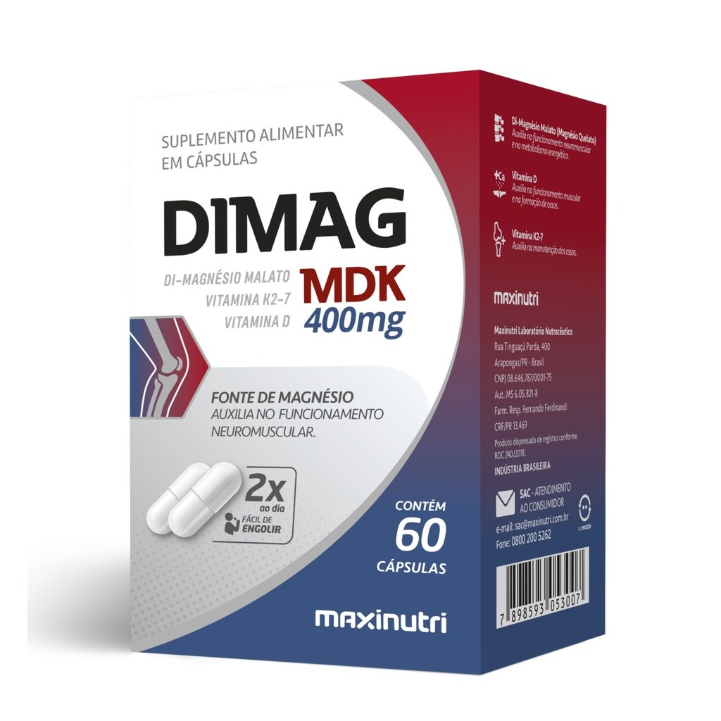 Dimag MDK (Magnesio Dimalato com Vitamina K2-7 e D3) 400mg 60 cápsulas Maxinutri