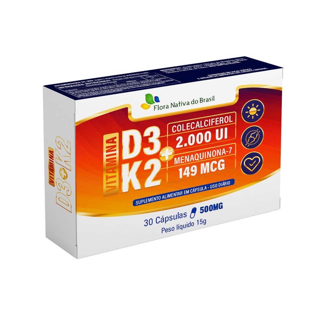 Vitamina D3 com K2 (2000UI D3 + 148mcg K2) 500mg 30 cápsulas Flora Nativa