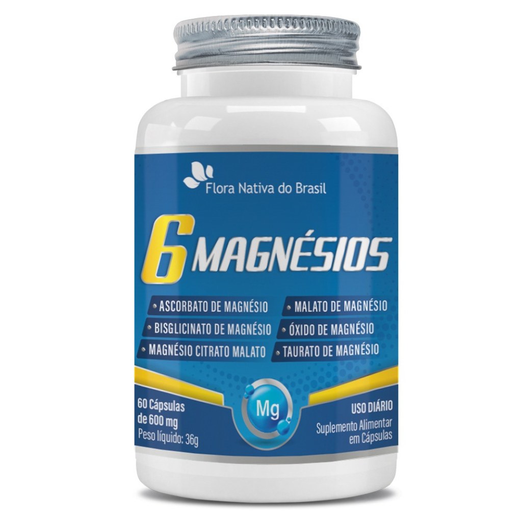6 Magnesios - Bisglicinato, Malato, Taurato, Citrato, Oxido e Sulfato 550mg 60 cápsulas Flora Nativa