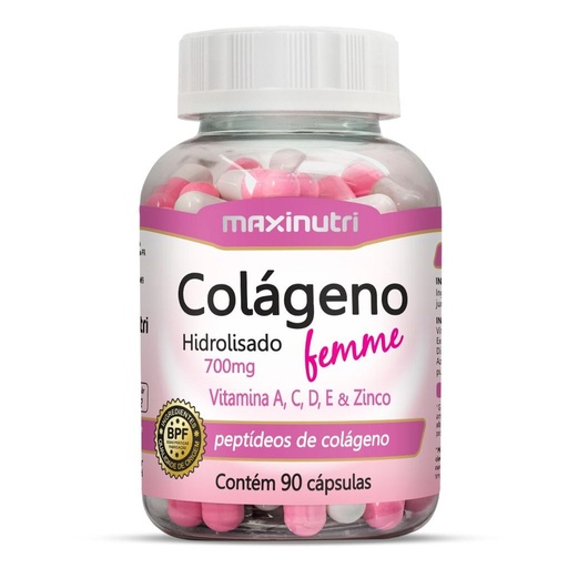 [10075] Colageno Hidrolisado Femme + Vit. A, C, D, E e Zinco 700mg 90 cápsulas Maxinutri