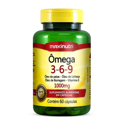 [10402] Omega 3-6-9 (Peixe/Linhaça/Borragem/Vit. E) 1000mg 60 cápsulas Maxinutri