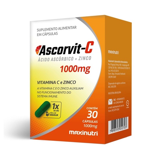 [2703] AscorVit-C 1g (Vitamina C com Zinco) 1000mg 30 cápsulas Maxinutri