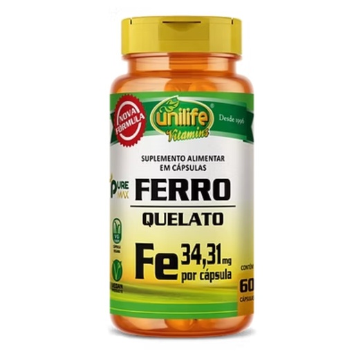 [3008] Ferro Quelato (34,31mg de Fe por cápsula) 500mg 60 cápsulas Unilife
