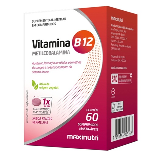 [3366] Metilcobalamina - Vitamina B12 - 60 Comprimidos Mastigaveis Frutas Vermelhas Maxinutri