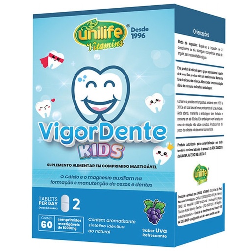 [4529] Vigordente Kids - Magnesio, Calcio e Vitaminas - 1000mg 60 comprimidos mastigaveis - Sabor Uva Refrescante Unilife