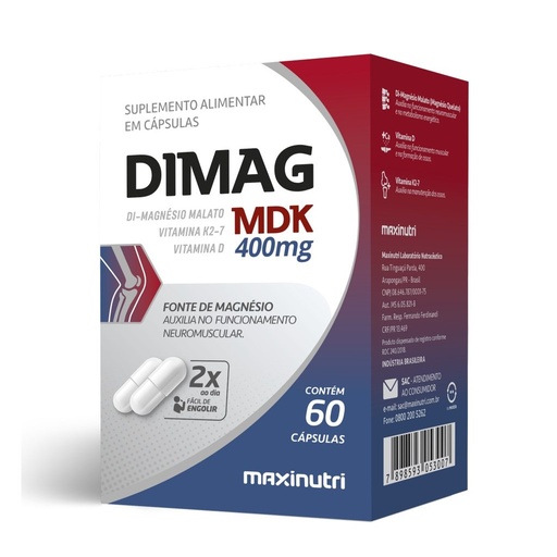 [85464] Dimag MDK (Magnesio Dimalato com Vitamina K2-7 e D3) 400mg 60 cápsulas Maxinutri