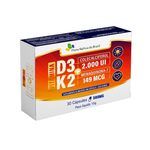 [9814] Vitamina D3 com K2 (2000UI D3 + 148mcg K2) 500mg 30 cápsulas Flora Nativa
